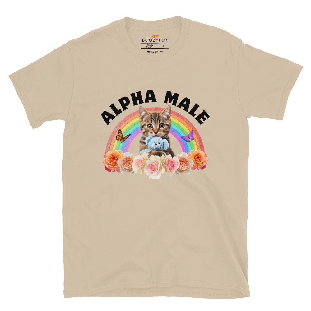 Funny Alpha Male Cat rainbow roses graphic t-shirt in sand by Boozy Fox