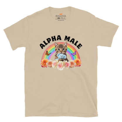 Funny Alpha Male Cat rainbow roses graphic t-shirt in sand by Boozy Fox