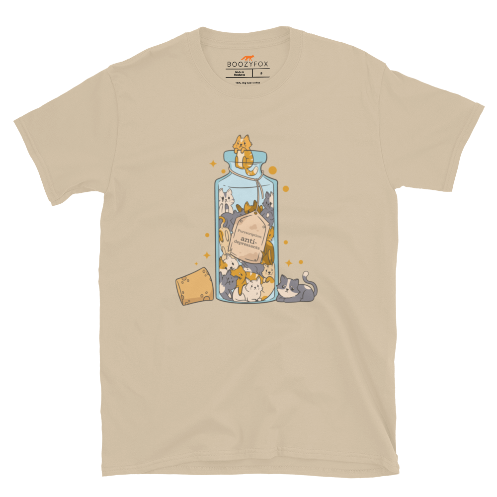 Funny Purrscription: Anti-depressants Cat graphic t-shirt in sand by Boozy Fox