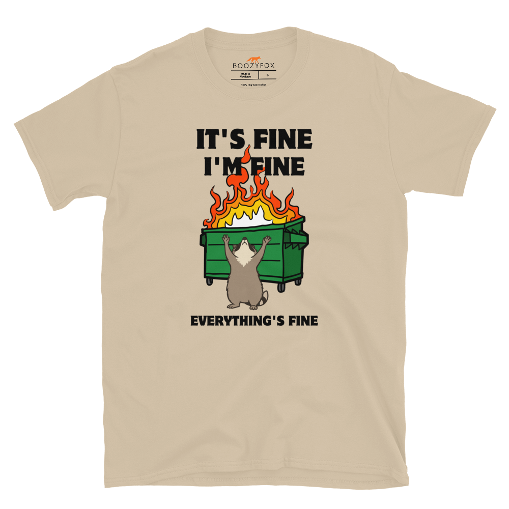 Funny Dumpster Fire Raccoon graphic t-shirt in sand by Boozy Fox