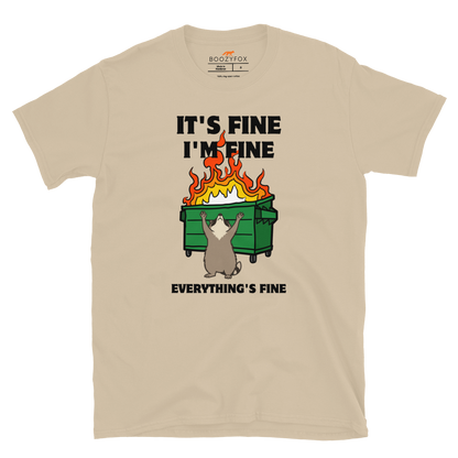 Funny Dumpster Fire Raccoon graphic t-shirt in sand by Boozy Fox