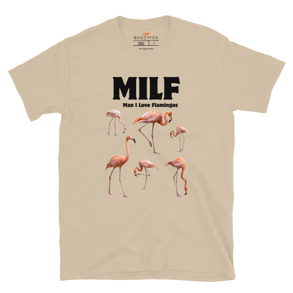 Funny Man I Love Flamingos graphic t-shirt in sand by Boozy Fox