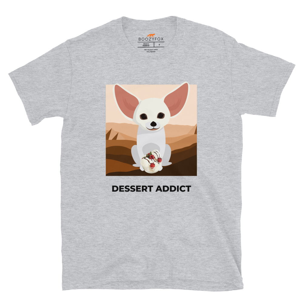 Sport Grey Fennec Fox T-Shirt featuring an adorable Dessert Addict graphic on the chest - Cute Graphic Fennec Fox T-Shirts - Boozy Fox