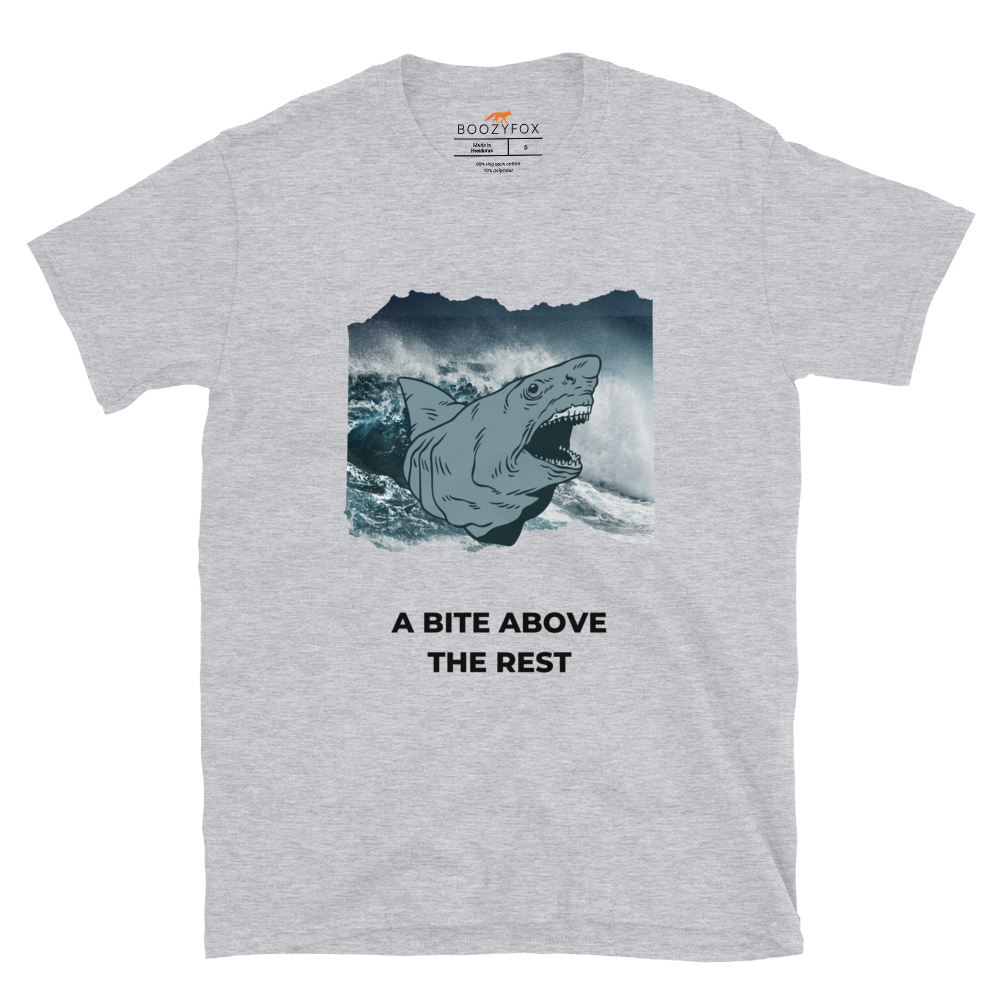 Sport Grey Megalodon T-Shirt featuring A Bite Above the Rest graphic on the chest - Funny Graphic Megalodon T-Shirts - Boozy Fox