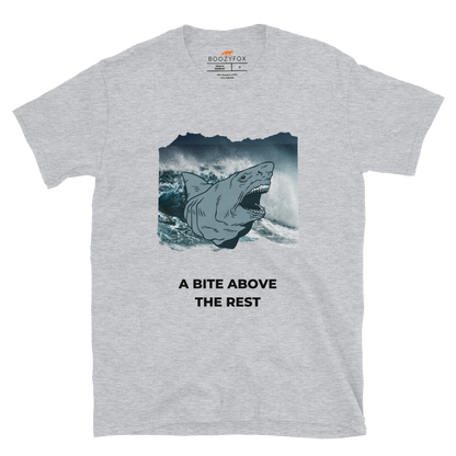 Sport Grey Megalodon T-Shirt featuring A Bite Above the Rest graphic on the chest - Funny Graphic Megalodon T-Shirts - Boozy Fox