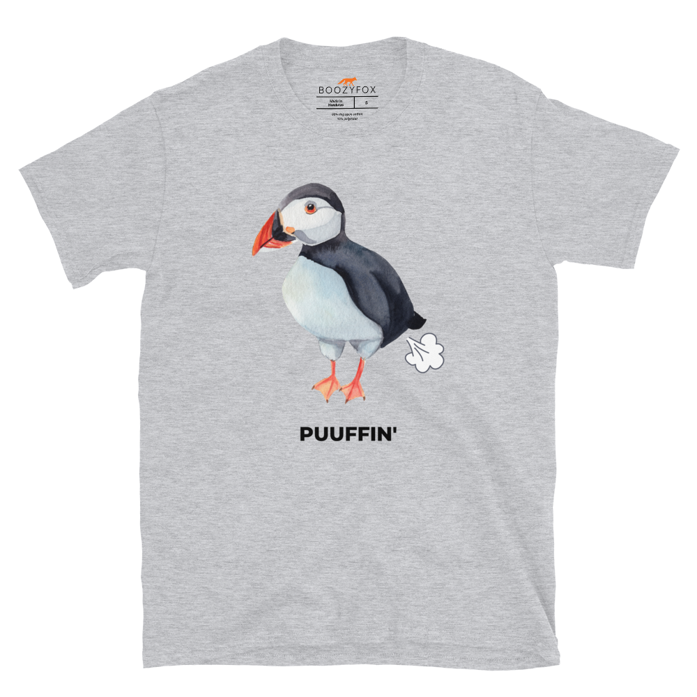 Sport Grey Puffin T-Shirt featuring a comic Puuffin' graphic on the chest - Funny Graphic Puffin T-Shirts - Boozy Fox