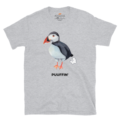 Sport Grey Puffin T-Shirt featuring a comic Puuffin' graphic on the chest - Funny Graphic Puffin T-Shirts - Boozy Fox