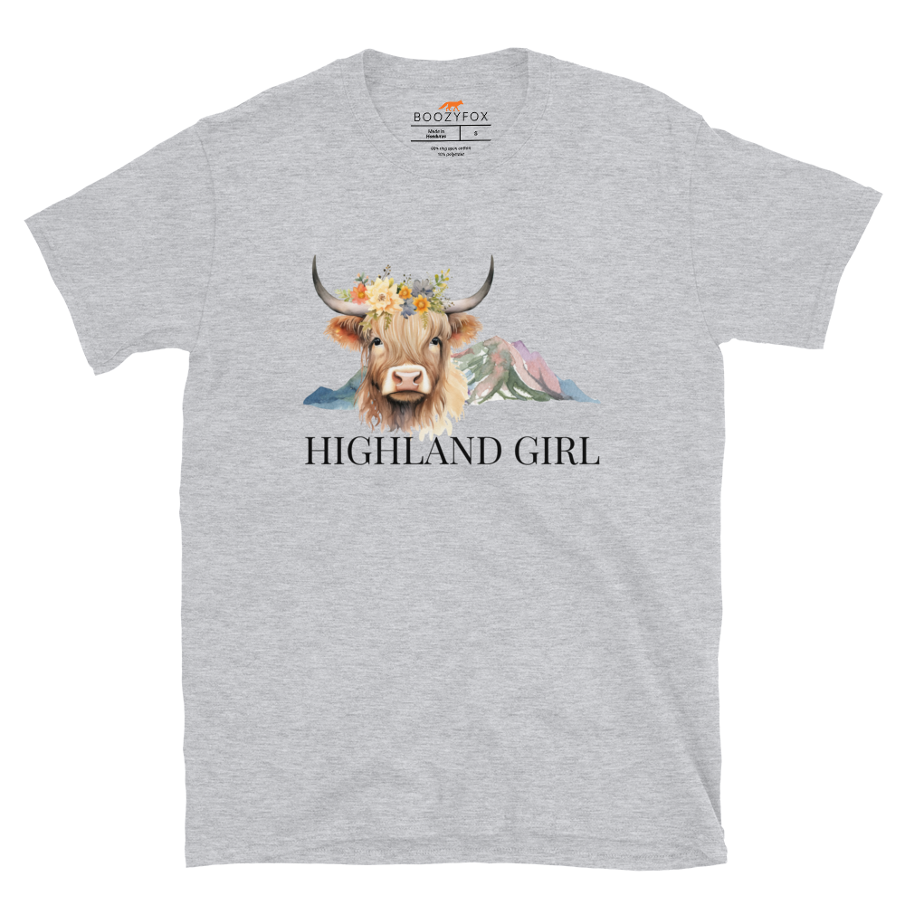 Sport Grey Highland Cow T-Shirt featuring an adorable Highland Girl graphic on the chest - Cute Graphic Highland Cow T-Shirts - Boozy Fox