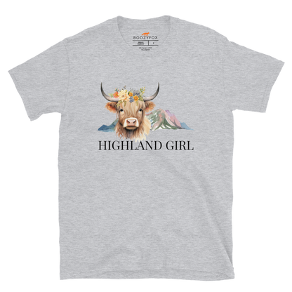 Sport Grey Highland Cow T-Shirt featuring an adorable Highland Girl graphic on the chest - Cute Graphic Highland Cow T-Shirts - Boozy Fox