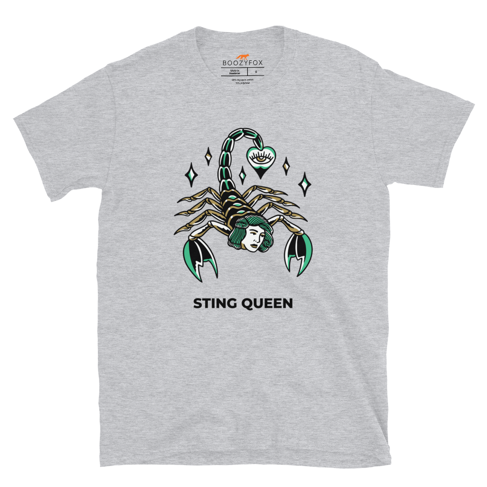 Sport Grey Scorpion T-Shirt featuring the Sting Queen graphic on the chest - Cool Graphic Scorpion T-Shirts - Boozy Fox