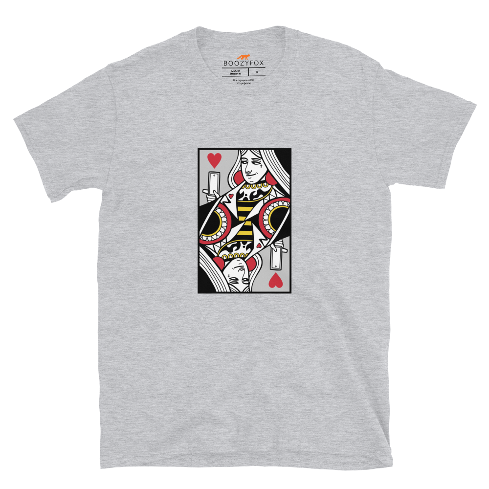 Sport Grey Queen of Hearts Playing Card T-Shirt featuring a cool Queen of Hearts graphic on the chest - Cool Graphic Queen of Hearts Playing Card T-Shirts - Boozy Fox
