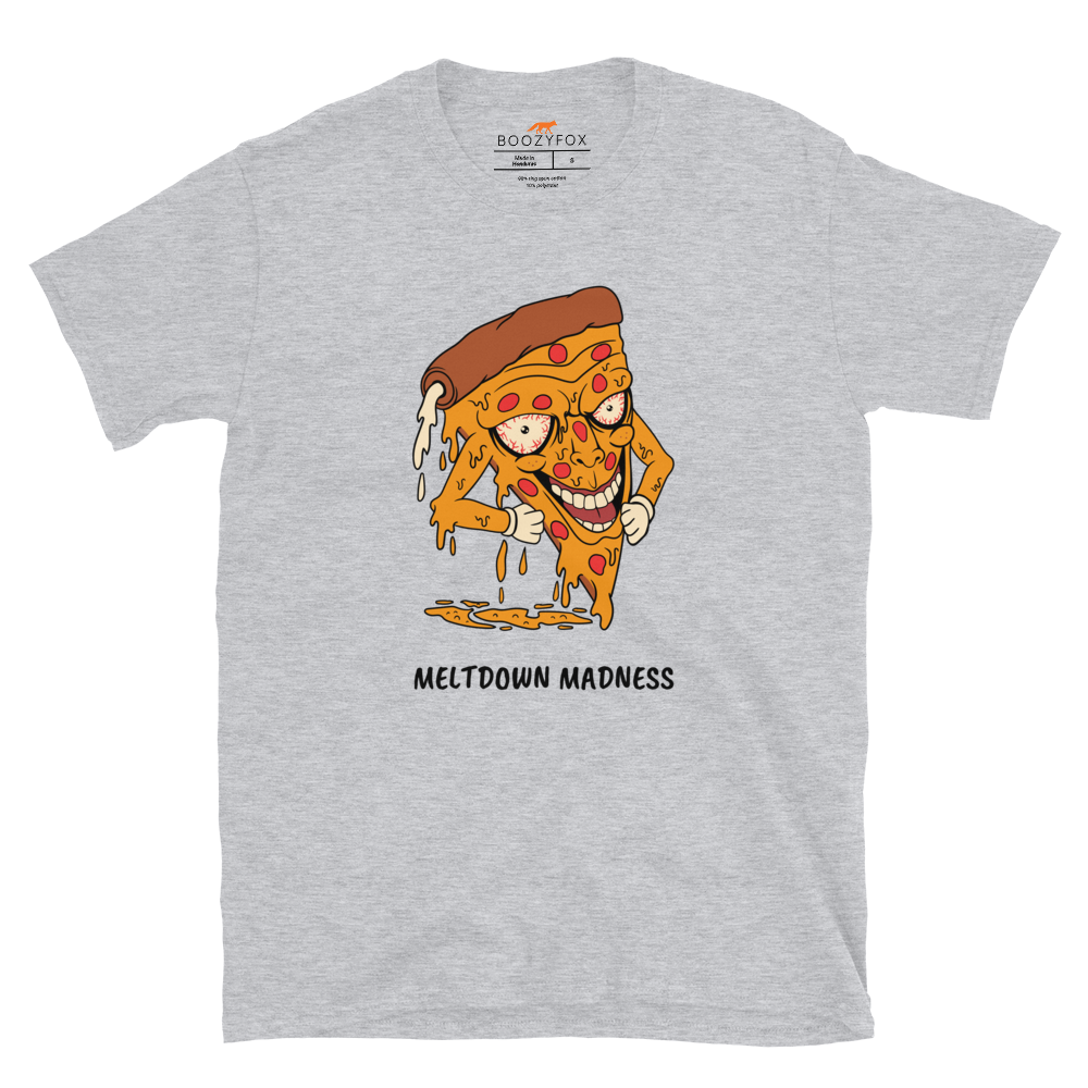 Sport Grey Melting Pizza T-Shirt featuring the hilarious Meltdown Madness graphic on the chest - Funny Graphic Pizza T-Shirts - Boozy Fox