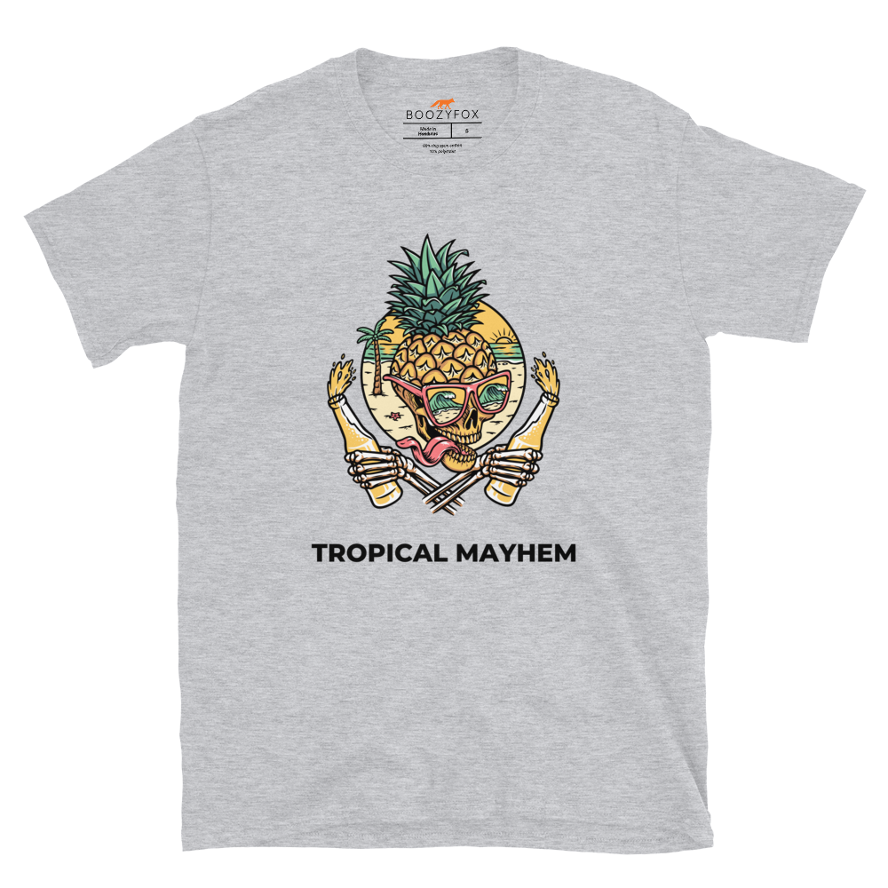 Sport Grey Tropical Mayhem T-Shirt featuring a Crazy Pineapple Skull graphic on the chest - Funny Graphic Pineapple T-Shirts - Boozy Fox