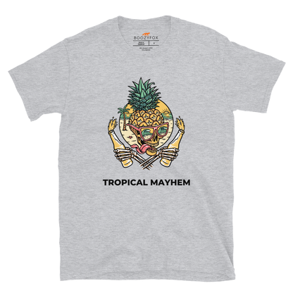 Sport Grey Tropical Mayhem T-Shirt featuring a Crazy Pineapple Skull graphic on the chest - Funny Graphic Pineapple T-Shirts - Boozy Fox