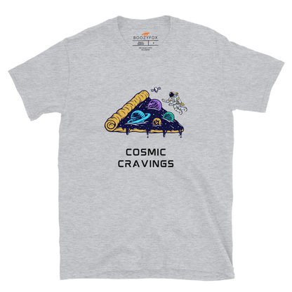 Sport Grey Cosmic Cravings T-Shirt featuring an Astronaut Exploring a Pizza Universe graphic on the chest - Funny Graphic Space T-Shirts - Boozy Fox