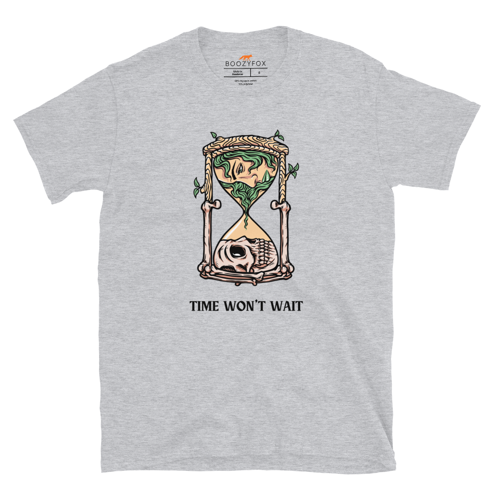 Sport Grey Hourglass T-Shirt featuring a captivating Time Won't Wait graphic on the chest - Cool Graphic Hourglass T-Shirts - Boozy Fox