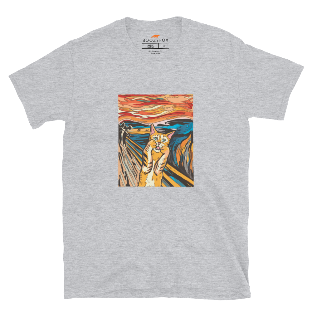 Sport Grey Screaming Cat T-Shirt showcasing iconic The Screaming Cat graphic on the chest - Funny Graphic Cat T-Shirts - Boozy Fox