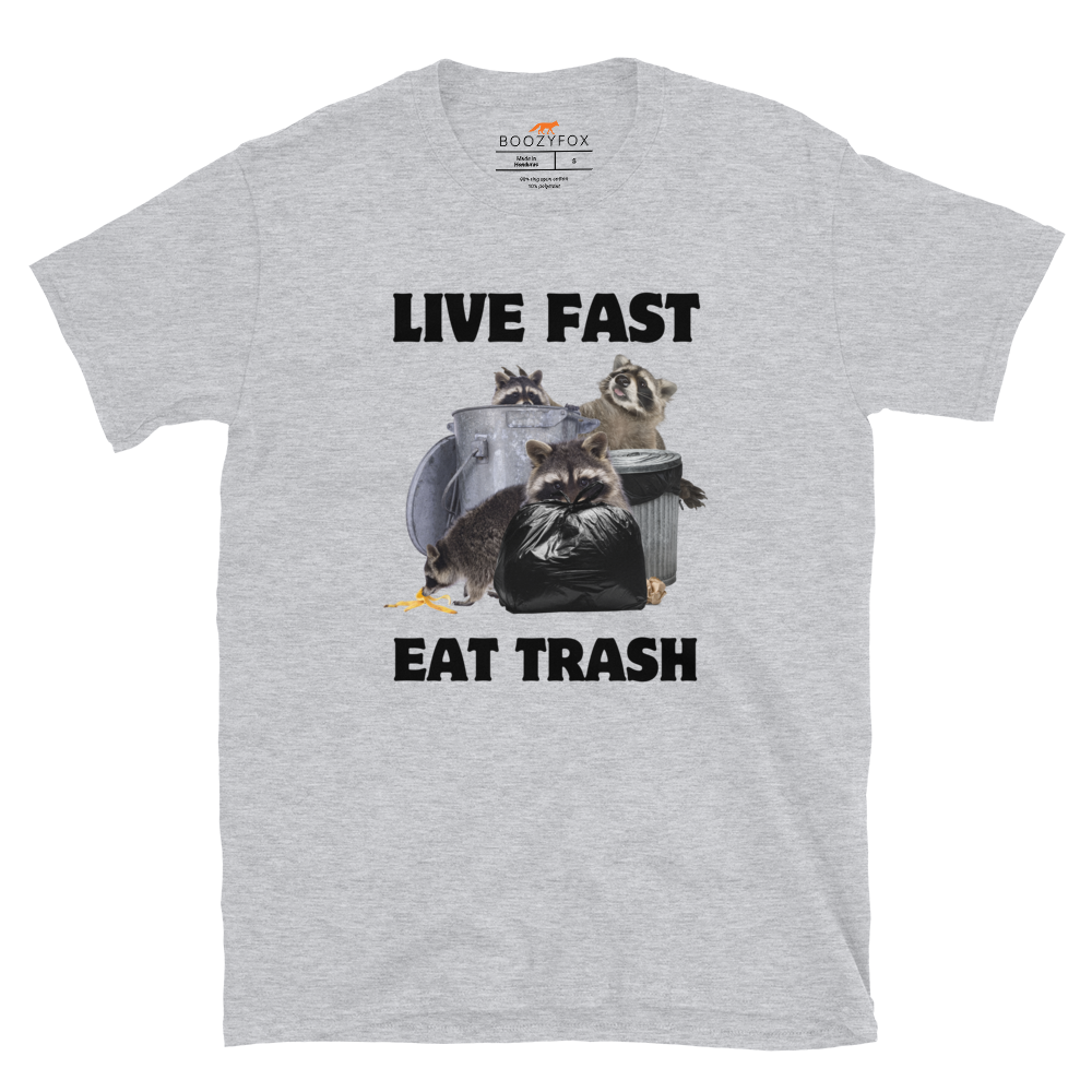 Sport Grey Raccoon T-Shirt featuring a hilarious Live Fast Eat Trash graphic on the chest - Funny Graphic Raccoon T-shirts - Boozy Fox