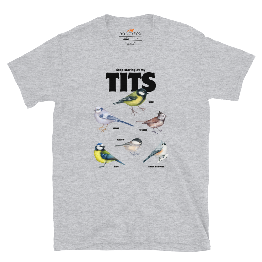 Sport Grey Tit T-Shirt featuring a funny Stop Staring At My Tits graphic on the chest - Funny Graphic Tit Bird T-Shirts - Boozy Fox
