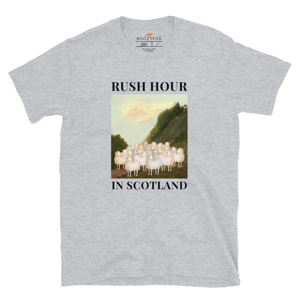 Sport Grey Sheep T-Shirt featuring a comical Rush Hour In Scotland graphic on the chest - Artsy/Funny Graphic Sheep T-Shirts - Boozy Fox