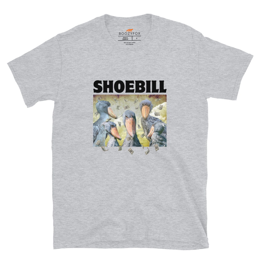 Sport Grey Shoebill T-Shirt featuring a cool Shoebill graphic on the chest - Artsy/Funny Graphic Shoebill Stork T-Shirts - Boozy Fox
