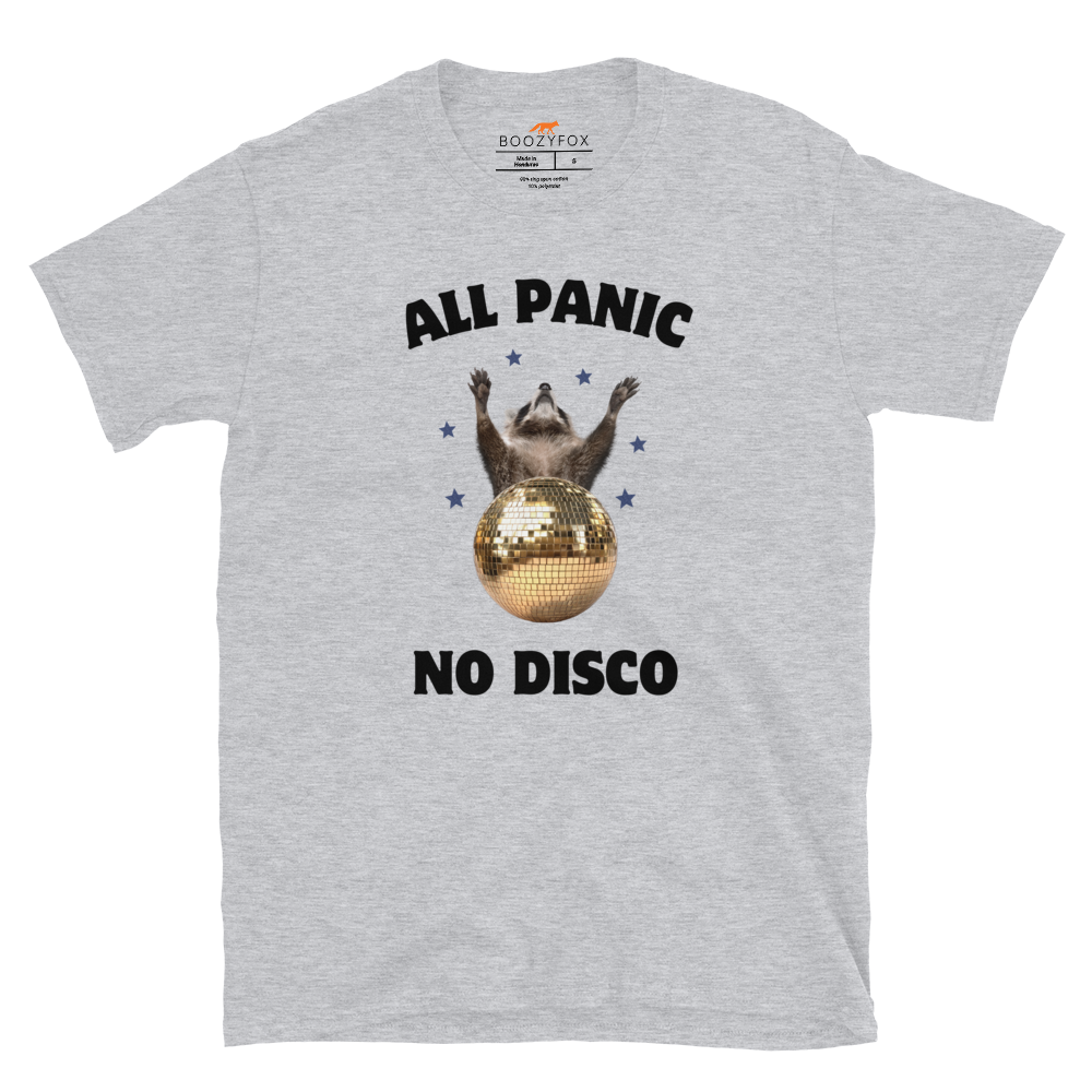 Funny All Panic No Disco Raccoon graphic t-shirt in sport grey by Boozy Fox