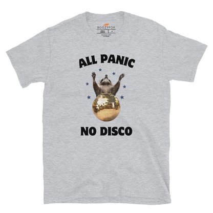 Funny All Panic No Disco Raccoon graphic t-shirt in sport grey by Boozy Fox