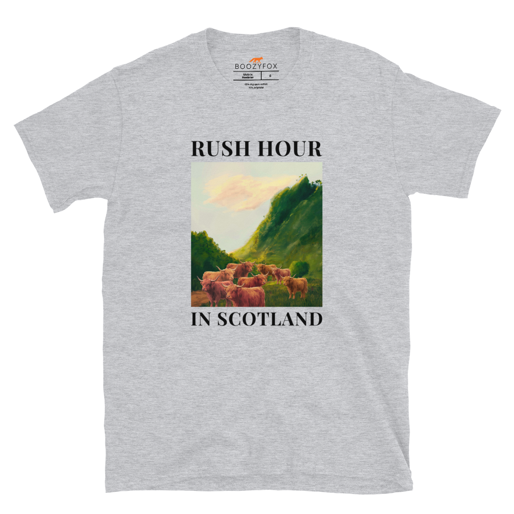 Funny Highland Cow Rush Hour in Scotland graphic t-shirt in sport grey by Boozy Fox