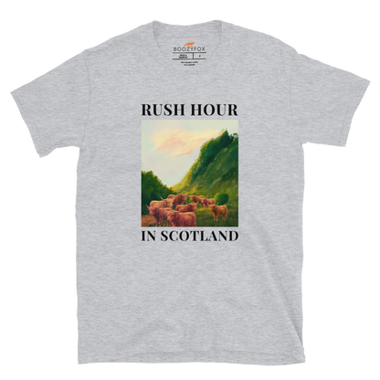Funny Highland Cow Rush Hour in Scotland graphic t-shirt in sport grey by Boozy Fox