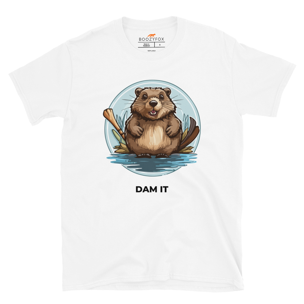 White Beaver T-Shirt featuring a hilarious Dam It graphic on the chest - Funny Graphic Beaver T-Shirts - Boozy Fox