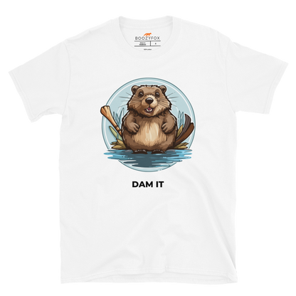 White Beaver T-Shirt featuring a hilarious Dam It graphic on the chest - Funny Graphic Beaver T-Shirts - Boozy Fox