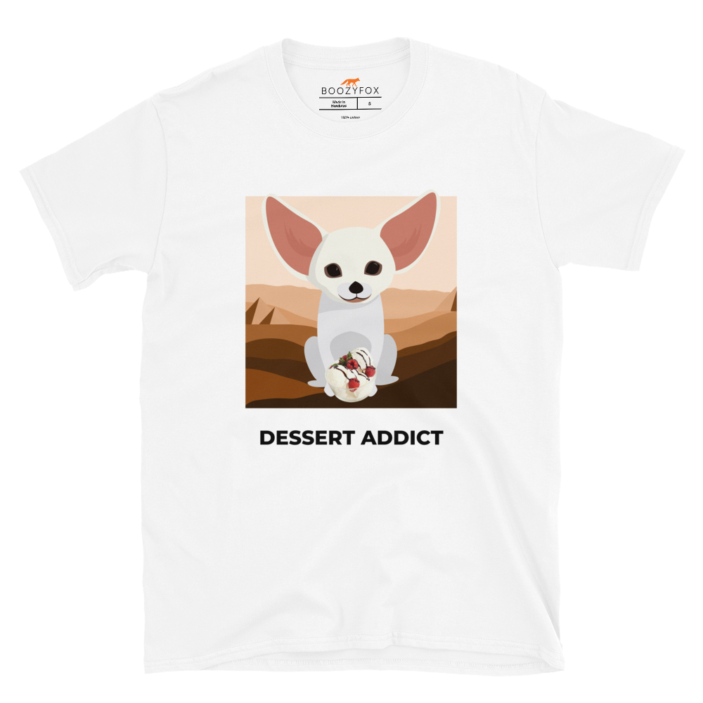 White Fennec Fox T-Shirt featuring an adorable Dessert Addict graphic on the chest - Cute Graphic Fennec Fox T-Shirts - Boozy Fox