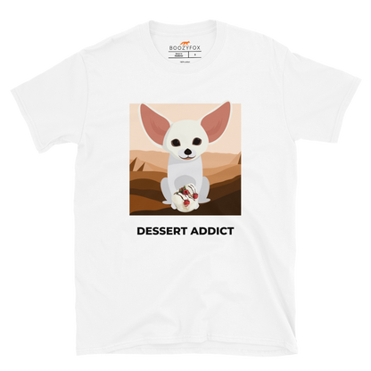 White Fennec Fox T-Shirt featuring an adorable Dessert Addict graphic on the chest - Cute Graphic Fennec Fox T-Shirts - Boozy Fox
