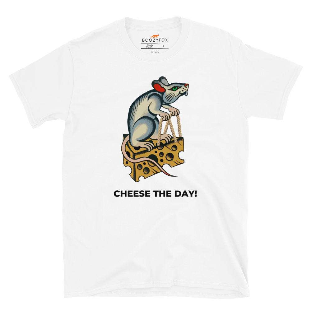 White Rat T-Shirt featuring a hilarious Cheese The Day graphic on the chest - Funny Graphic Rat T-Shirts - Boozy Fox