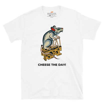 White Rat T-Shirt featuring a hilarious Cheese The Day graphic on the chest - Funny Graphic Rat T-Shirts - Boozy Fox