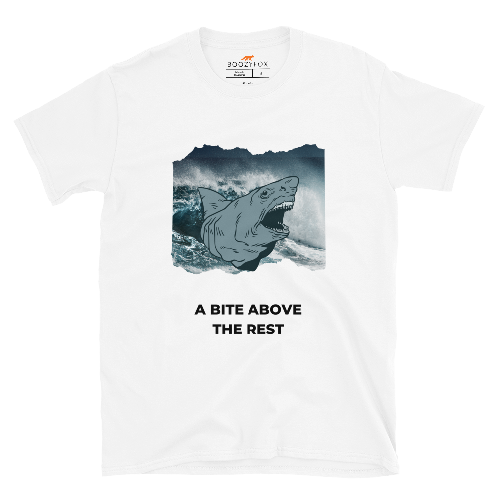 White Megalodon T-Shirt featuring A Bite Above the Rest graphic on the chest - Funny Graphic Megalodon T-Shirts - Boozy Fox