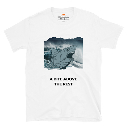 White Megalodon T-Shirt featuring A Bite Above the Rest graphic on the chest - Funny Graphic Megalodon T-Shirts - Boozy Fox