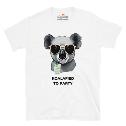 White Koala T-Shirt featuring an adorable Koalafied To Party graphic on the chest - Funny Graphic Koala T-Shirts - Boozy Fox