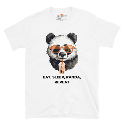 White Panda T-Shirt featuring an adorable Eat, Sleep, Panda, Repeat graphic on the chest - Funny Graphic Panda T-Shirts - Boozy Fox
