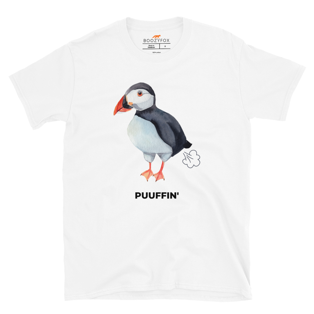 White Puffin T-Shirt featuring a comic Puuffin' graphic on the chest - Funny Graphic Puffin T-Shirts - Boozy Fox