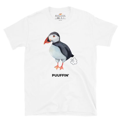 White Puffin T-Shirt featuring a comic Puuffin' graphic on the chest - Funny Graphic Puffin T-Shirts - Boozy Fox