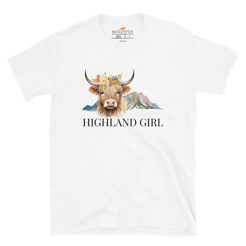 White Highland Cow T-Shirt featuring an adorable Highland Girl graphic on the chest - Cute Graphic Highland Cow T-Shirts - Boozy Fox