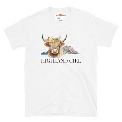 White Highland Cow T-Shirt featuring an adorable Highland Girl graphic on the chest - Cute Graphic Highland Cow T-Shirts - Boozy Fox