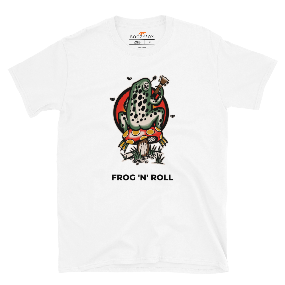 White Frog T-Shirt featuring the awesome 'Frog 'n' Roll' graphic on the chest - Funny Graphic Frog T-Shirts - Boozy Fox