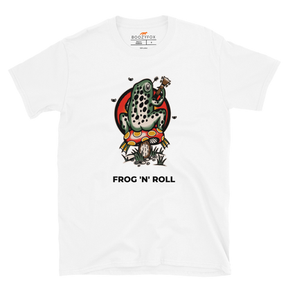 White Frog T-Shirt featuring the awesome 'Frog 'n' Roll' graphic on the chest - Funny Graphic Frog T-Shirts - Boozy Fox