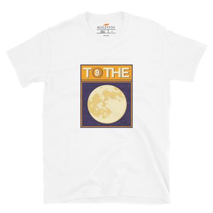 White Bitcoin T-Shirt featuring a funny To The Moon graphic on the chest - Cool Graphic Bitcoin T-Shirts - Boozy Fox
