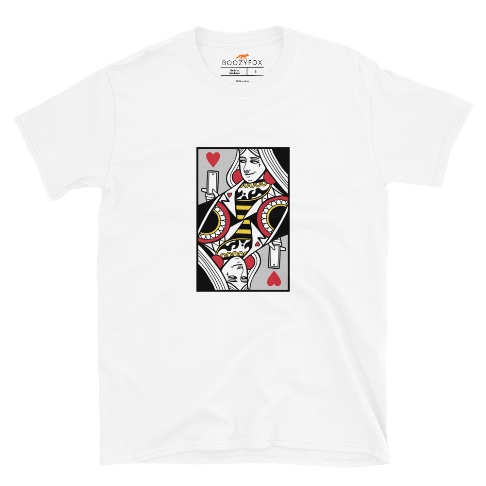 White Queen of Hearts Playing Card T-Shirt featuring a cool Queen of Hearts graphic on the chest - Cool Graphic Queen of Hearts Playing Card T-Shirts - Boozy Fox