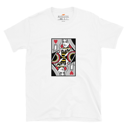 White Queen of Hearts Playing Card T-Shirt featuring a cool Queen of Hearts graphic on the chest - Cool Graphic Queen of Hearts Playing Card T-Shirts - Boozy Fox