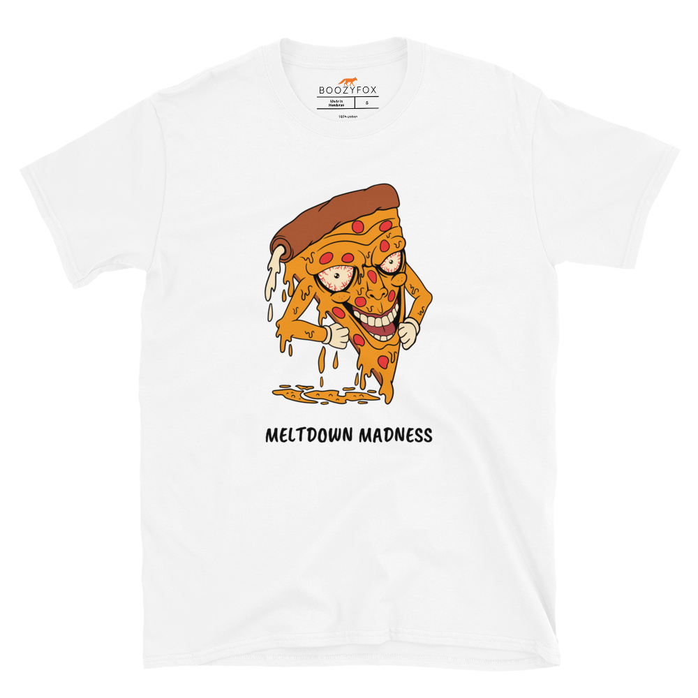 White Melting Pizza T-Shirt featuring the hilarious Meltdown Madness graphic on the chest - Funny Graphic Pizza T-Shirts - Boozy Fox