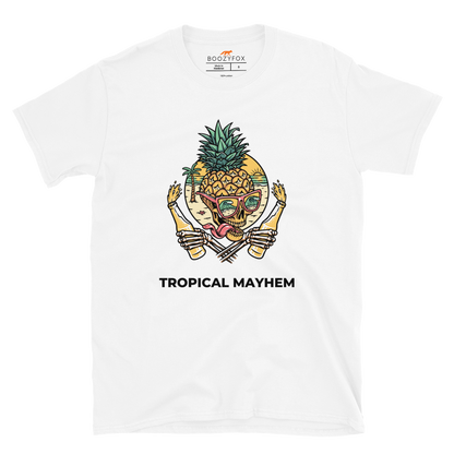 White Tropical Mayhem T-Shirt featuring a Crazy Pineapple Skull graphic on the chest - Funny Graphic Pineapple T-Shirts - Boozy Fox